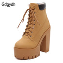 Gdgydh Fashion Spring Autumn Platform Ankle Boots Women Lace Up Thick Heel Platform Boots Women's Chunky Heeled Short Boots