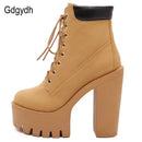 Gdgydh Fashion Spring Autumn Platform Ankle Boots Women Lace Up Thick Heel Platform Boots Women's Chunky Heeled Short Boots