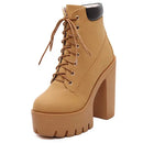 Gdgydh Fashion Spring Autumn Platform Ankle Boots Women Lace Up Thick Heel Platform Boots Women's Chunky Heeled Short Boots