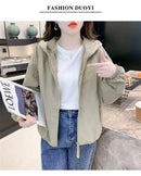Hooded Solid Short Jacket Women's Spring Autumn Loose Casual Jacket Double Zipper Loose Female Outwear Spring Thin Coat Trend