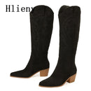 Hlieny 2026 New Retro Spring Winter Knee High Boots Women Comfy Walking Fashion Pointed Toe Female Western Cowboy Boot High Heel