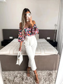 Spring Summer Sexy Off Shoulder Women Blouse Fashion Puff Sleeve Bodycon Short Top Casul Holiday Beach Floral Blouses Tops