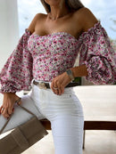 Spring Summer Sexy Off Shoulder Women Blouse Fashion Puff Sleeve Bodycon Short Top Casul Holiday Beach Floral Blouses Tops
