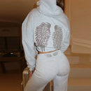 Chic Sequin Wing Hoody Women's Pants Suit O-neck Pockets Jacket High Waist Trousers Lady Set 2026 Spring 2 Pieces Set Women