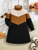 Girls' Color-Block Knitted High-Necked Dress 1-Piece Spring Autumn Fashion Leisure Children's Comfortable Home Wear
