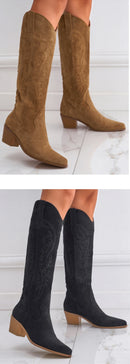 Hlieny 2026 New Retro Spring Winter Knee High Boots Women Comfy Walking Fashion Pointed Toe Female Western Cowboy Boot High Heel