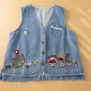Cartoon girls embroider denim vest for women autumn spring Japan style flowers embroidery denim waistcoat sleeveless coat