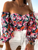 Spring Summer Sexy Off Shoulder Women Blouse Fashion Puff Sleeve Bodycon Short Top Casul Holiday Beach Floral Blouses Tops