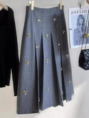 Simple Fashion Embroidery Beading Gray Skirt for Women 2026 Spring Autumn New Ruched Skirts Y2k High Waist Faldas Mujer