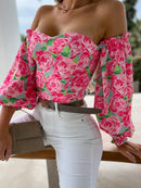 Spring Summer Sexy Off Shoulder Women Blouse Fashion Puff Sleeve Bodycon Short Top Casul Holiday Beach Floral Blouses Tops