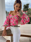 Spring Summer Sexy Off Shoulder Women Blouse Fashion Puff Sleeve Bodycon Short Top Casul Holiday Beach Floral Blouses Tops