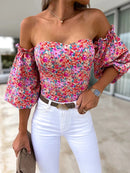 Spring Summer Sexy Off Shoulder Women Blouse Fashion Puff Sleeve Bodycon Short Top Casul Holiday Beach Floral Blouses Tops