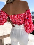 Spring Summer Sexy Off Shoulder Women Blouse Fashion Puff Sleeve Bodycon Short Top Casul Holiday Beach Floral Blouses Tops