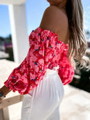 Spring Summer Sexy Off Shoulder Women Blouse Fashion Puff Sleeve Bodycon Short Top Casul Holiday Beach Floral Blouses Tops