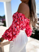 Spring Summer Sexy Off Shoulder Women Blouse Fashion Puff Sleeve Bodycon Short Top Casul Holiday Beach Floral Blouses Tops