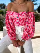 Spring Summer Sexy Off Shoulder Women Blouse Fashion Puff Sleeve Bodycon Short Top Casul Holiday Beach Floral Blouses Tops
