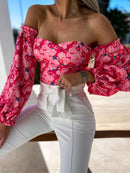 Spring Summer Sexy Off Shoulder Women Blouse Fashion Puff Sleeve Bodycon Short Top Casul Holiday Beach Floral Blouses Tops