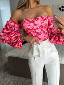 Spring Summer Sexy Off Shoulder Women Blouse Fashion Puff Sleeve Bodycon Short Top Casul Holiday Beach Floral Blouses Tops