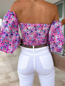 Spring Summer Sexy Off Shoulder Women Blouse Fashion Puff Sleeve Bodycon Short Top Casul Holiday Beach Floral Blouses Tops