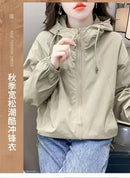 Hooded Solid Short Jacket Women's Spring Autumn Loose Casual Jacket Double Zipper Loose Female Outwear Spring Thin Coat Trend