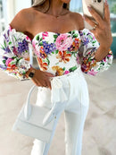 Spring Summer Sexy Off Shoulder Women Blouse Fashion Puff Sleeve Bodycon Short Top Casul Holiday Beach Floral Blouses Tops