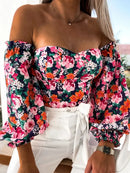 Spring Summer Sexy Off Shoulder Women Blouse Fashion Puff Sleeve Bodycon Short Top Casul Holiday Beach Floral Blouses Tops