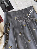Simple Fashion Embroidery Beading Gray Skirt for Women 2026 Spring Autumn New Ruched Skirts Y2k High Waist Faldas Mujer