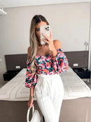 Spring Summer Sexy Off Shoulder Women Blouse Fashion Puff Sleeve Bodycon Short Top Casul Holiday Beach Floral Blouses Tops